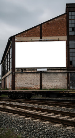 A large blank white billboard for advertising mockups mounted on a weathered industrial brick building next to railroad tracks under a cloudy sky.の素材