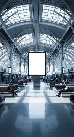 Interior of a grand, arched train station hall bathed in cool, diffused light, featuring a prominent blank digital screen and scattered passengers waiting.の素材