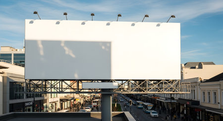 A large, blank billboard stands prominently against a clear blue sky in a city setting. The billboard is empty, offering space for advertising.の素材