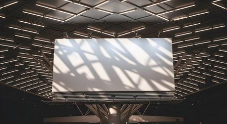 Low-angle shot of a blank billboard under a geometric ceiling with linear lights, creating an abstract architectural scene. Shadows play across the billboard's surface.の素材