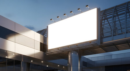 A large, blank billboard stands prominently against a modern building and blue sky, perfect for advertising or promotional content.の素材