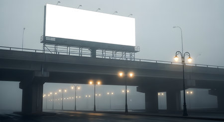 A large, blank billboard sits atop an overpass shrouded in dense fog. Streetlights glow dimly, creating a gloomy, urban scene. The fog obscures details, adding to the mysterious atmosphere.の素材