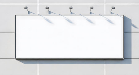 A clean, empty billboard is mounted on a gray tiled wall, casting a shadow. The scene is minimalist, emphasizing the billboard's potential for advertising.の素材