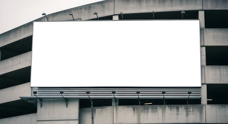 A large, blank billboard is mounted on the facade of a concrete parking garage, offering a prominent advertising space in an urban setting.の素材