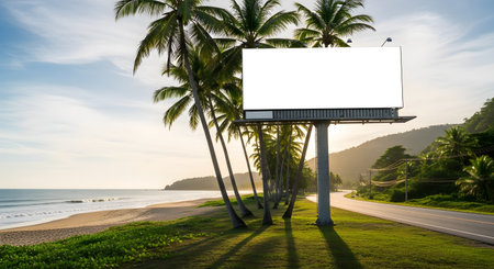 Prominent blank billboard on a tropical coastal road, framed by tall palm trees and their long shadows. Golden hour light illuminates the serene beach, ocean, and distant hills.の素材