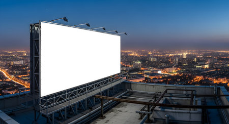 A large, blank billboard stands prominently on a rooftop, overlooking a sprawling cityscape illuminated at night, ready for advertising content.の素材