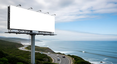 A large, blank billboard stands tall beside a winding coastal highway, with the ocean and a cloudy sky providing a scenic backdrop.の素材