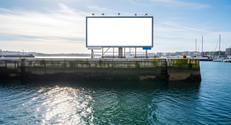 Large, blank billboard stands prominently on a pier, overlooking a harbor with boats and blue water. Bright sunlight and clear skies create a serene coastal scene.の素材