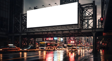 A large, blank billboard stands above a city street at night. Rain has created reflections of the city lights on the wet pavement below.の素材