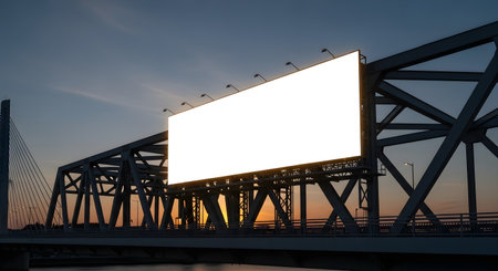 A large, blank billboard stands prominently on a steel bridge at dusk, illuminated against the twilight sky. The bridge's structure is visible, creating a dramatic backdrop.の素材
