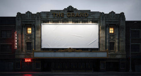 An ornate Art Deco cinema marquee with a blank, cracked screen and warm glowing lights stands against a dark sky, evoking urban nostalgia at dusk.の素材