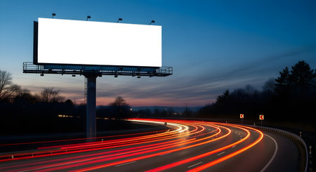 A large, blank billboard mockup glows brightly against the twilight sky, overlooking a highway with dramatic red light trails from long-exposure traffic.の素材