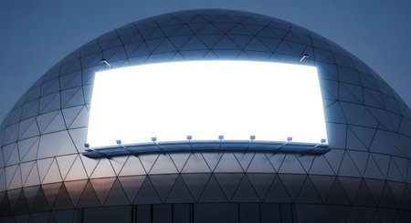 A modern, geodesic dome building with a large, glowing white screen, set against a twilight sky, suggesting technology and urban development.の素材