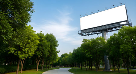 A vast, empty billboard stands tall amidst a vibrant green park, inviting creative advertising. A paved path winds through the trees under a bright, cloud-dappled sky.の素材