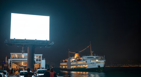 A brightly lit billboard stands tall beside a ferry terminal in Istanbul, Turkey, at night. A ferry boat is docked, reflecting in the water.の素材