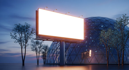 A glowing, blank billboard dominates the foreground, bathed in soft light against a twilight sky. Modern, futuristic architecture forms the backdrop, with trees adding a touch of nature.の素材
