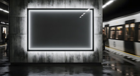 A blank, glowing billboard mockup illuminates a dark, industrial subway station with textured concrete walls. A train speeds by, its motion blurred, reflecting on the wet floor.の素材