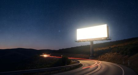 A brightly lit, blank billboard mockup glows against a twilight sky on a winding rural highway. Long exposure captures vibrant car light trails, creating a dynamic nighttime scene.の素材