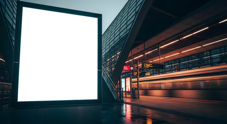 A blank, glowing white digital billboard stands on a wet platform in a modern city at night. Long exposure captures the vibrant light trails of a speeding train passing by.の素材