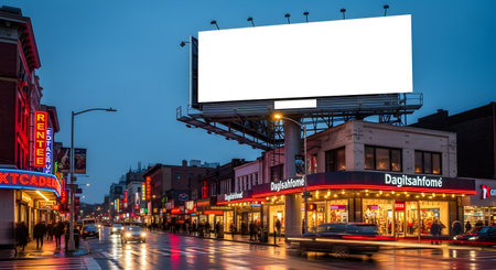 A wide, blank billboard dominates the twilight sky above a bustling city street, reflecting neon lights on a wet, rain-slicked road.の素材