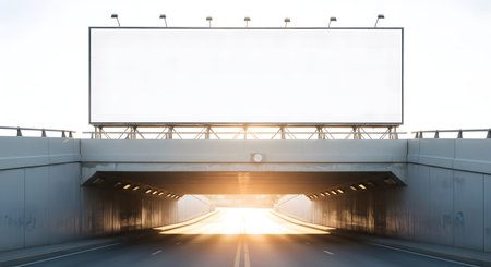 A large, empty white billboard stands above a concrete highway tunnel entrance, glowing with warm, golden light. Ideal for advertising mockups and urban infrastructure themes.の素材