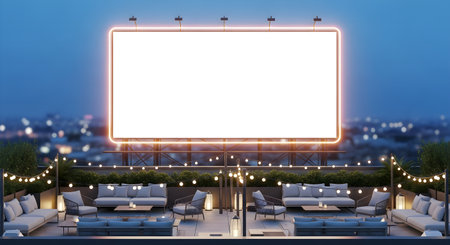 Modern urban rooftop lounge at dusk, ready for an event. A large, bright blank screen is framed by neon glow, surrounded by stylish seating and string lights.の素材