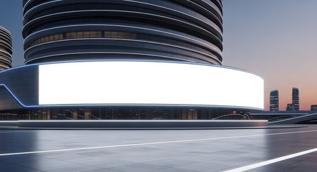 Low-angle view of a modern city plaza with a massive, luminous blank screen on a curved building, reflecting the twilight sky. A perfect digital display mockup.の素材