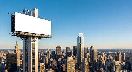 A prominent, empty white billboard stands tall against a clear blue sky, overlooking a sprawling modern city skyline, ideal for advertising mockups.の素材