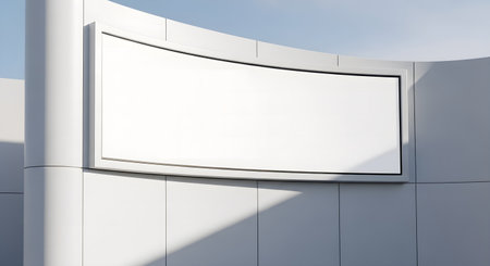 A large, blank, curved white billboard mockup mounted on a modern architectural wall, illuminated by bright sunlight creating strong diagonal shadows.の素材