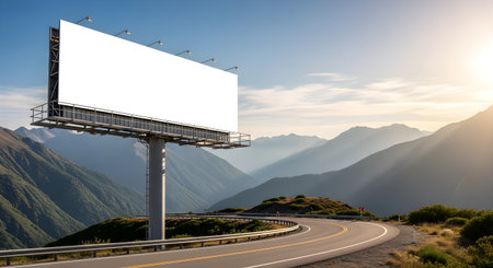 A vast, empty billboard stands prominently on a winding road, framed by dramatic, sun-drenched mountains, inviting creative advertising.の素材