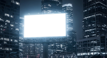 A bright, blank billboard stands out against a dark, modern city skyline at night. High-rise buildings frame the sign, creating a dramatic contrast.の素材