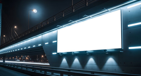 A vast, blank digital billboard glows brightly against a dark, futuristic urban backdrop, illuminated by cool blue lights and the motion blur of passing vehicles.の素材