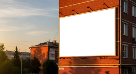Urban advertising space, a vast blank white billboard on a red brick building, bathed in warm golden hour light against a soft sky. Ideal for mockups.の素材