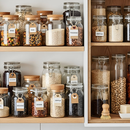 A tidy kitchen pantry showcases an array of dry food staples in clear, labeled glass jars on light wooden shelves, highlighting efficient and aesthetic home organization.の素材