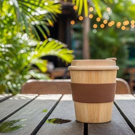 A reusable bamboo coffee cup with a brown sleeve sits on a weathered wooden table, with lush green foliage and soft bokeh lights in the blurred background.の素材