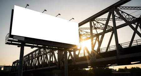 A large, blank billboard stands prominently against the silhouette of a bridge during a golden sunset, offering prime advertising space. The sun flares through the bridge structure.の素材