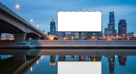 A blank billboard reflects in water, set against a Bangkok skyline at dusk. The bridge and city lights add depth to the urban scene.の素材