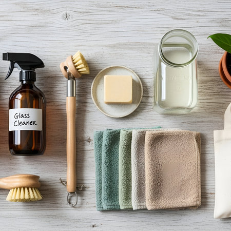 Overhead shot of sustainable cleaning products - glass cleaner, wooden brush, bar soap, and cloths, arranged on a white-washed wooden surface. Eco-conscious lifestyle, zero waste concept.の素材