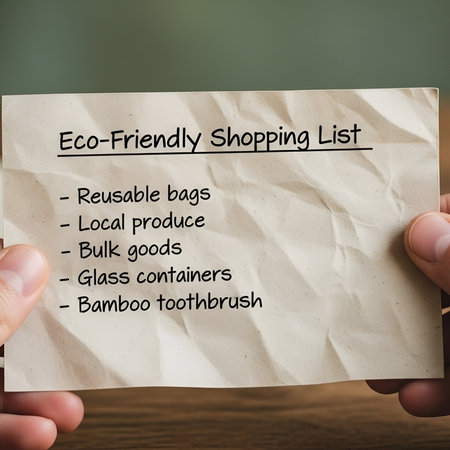 Hands hold a crumpled Eco-Friendly Shopping List on paper, detailing sustainable choices like reusable bags, local produce, and bamboo toothbrushes, promoting green living.の素材