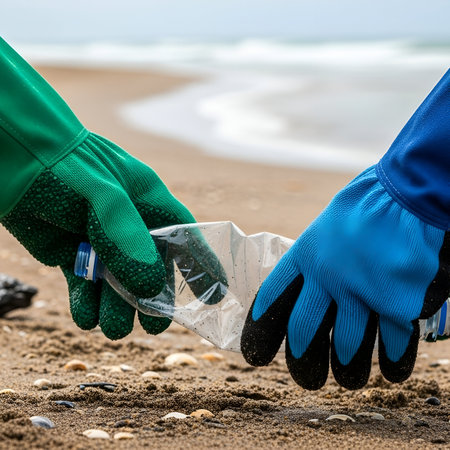 A close-up of two volunteers hands in vibrant green and blue gloves, collaboratively picking up a piece of plastic trash from a sandy beach during a coastal cleanup.の素材