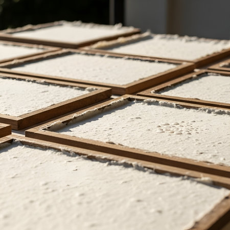 Close-up view of wooden frames holding wet, textured paper pulp sheets, drying outdoors in soft, natural sunlight, showcasing a traditional craft process.の素材