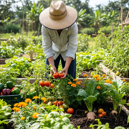 A person wearing a straw hat tends to a vibrant, sun-drenched organic garden, carefully picking ripe red tomatoes amidst abundant greenery and colorful flowers.の素材
