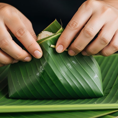 Close-up of hands meticulously folding a banana leaf around rice, creating a traditional Asian dish. The vibrant green leaf and focused action evoke a sense of culinary artistry.の素材