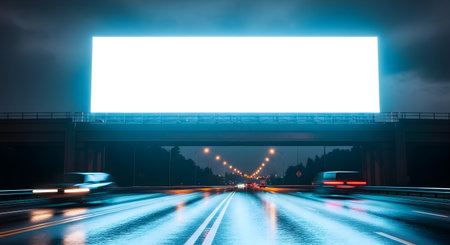 A dynamic shot of a highway at night, featuring a large, illuminated billboard with blank space. Motion blur effect creates a sense of speed and movement. The scene is set in a futuristic cityscape.の素材