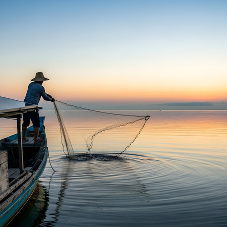 Solitary fisherman in straw hat casts fishing net from a small boat on tranquil water at dawn, reflecting soft golden light.の素材