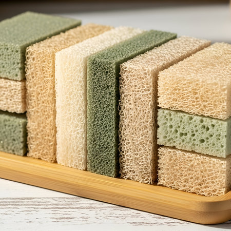 A collection of eco-friendly, natural loofah sponges, some in muted green and others in beige, are neatly stacked on a rustic wooden tray. Their porous texture is visible under soft light, suggesting sustainable cleaning or bathing products.の素材