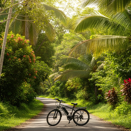 An electric bike stands on a quiet, paved road winding through a lush, sunlit tropical jungle, inviting a peaceful and eco-friendly adventure into natures embrace.の素材