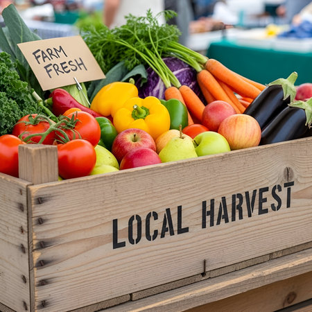A close-up shot showcases a wooden crate overflowing with fresh, colorful produce at a farmers market. Tomatoes, peppers, carrots, apples, and more are artfully arranged, with a Farm Fresh sign. The lighting is natural, highlighting the textures and colors.の素材