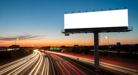 A large, empty billboard stands tall against a twilight sky, illuminated by the vibrant light trails of cars on a busy highway below.の素材