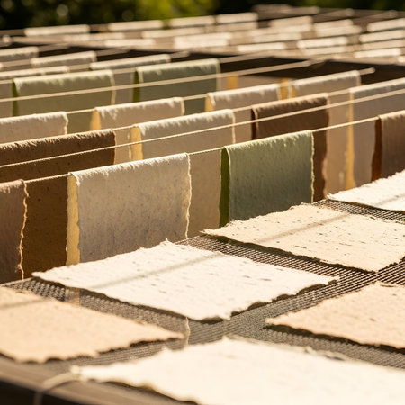 Rows of freshly made, artisanal paper with deckled edges dry on outdoor racks. The warm sunlight highlights the varied textures and earthy tones of the sheets in this traditional craft.の素材